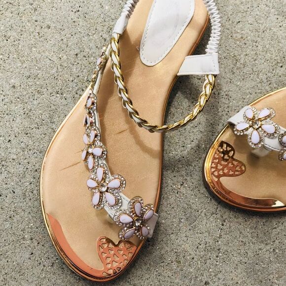 Italina Atalina White & Braided Gold Embellished Between The Toe Floral Sandal - Picture 6 of 8